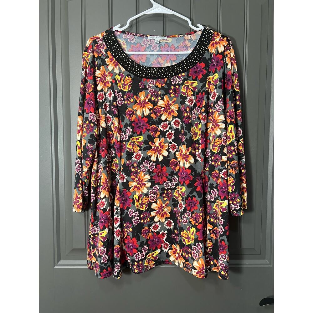 Notations Gray Orange Purple Floral Long Sleeve Top Size 2x